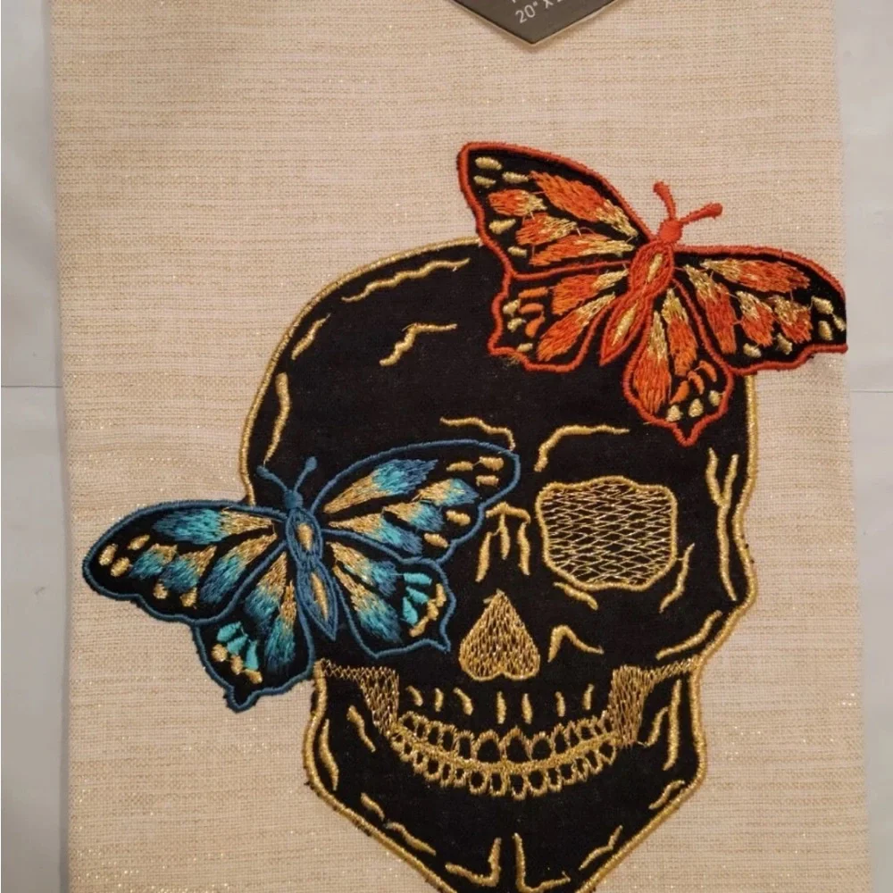 Max Studio 2pk Kitchen Tea Towels Halloween Skull Butterfly Gold Day of Dead